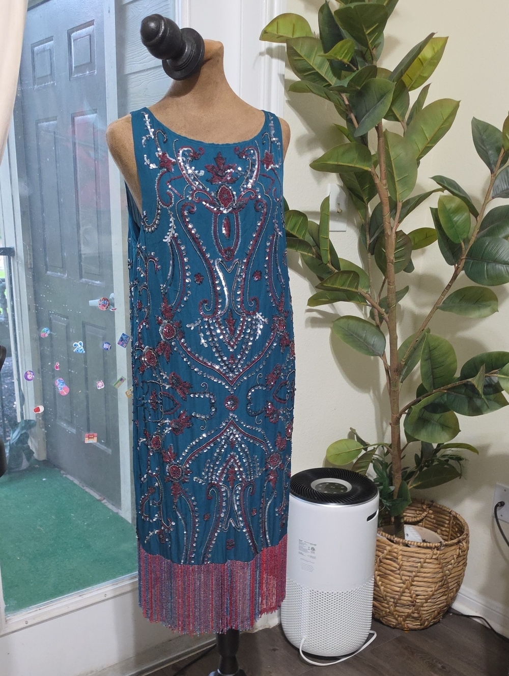 Haute Hippie Teal Beaded Dress with Pink Fringe